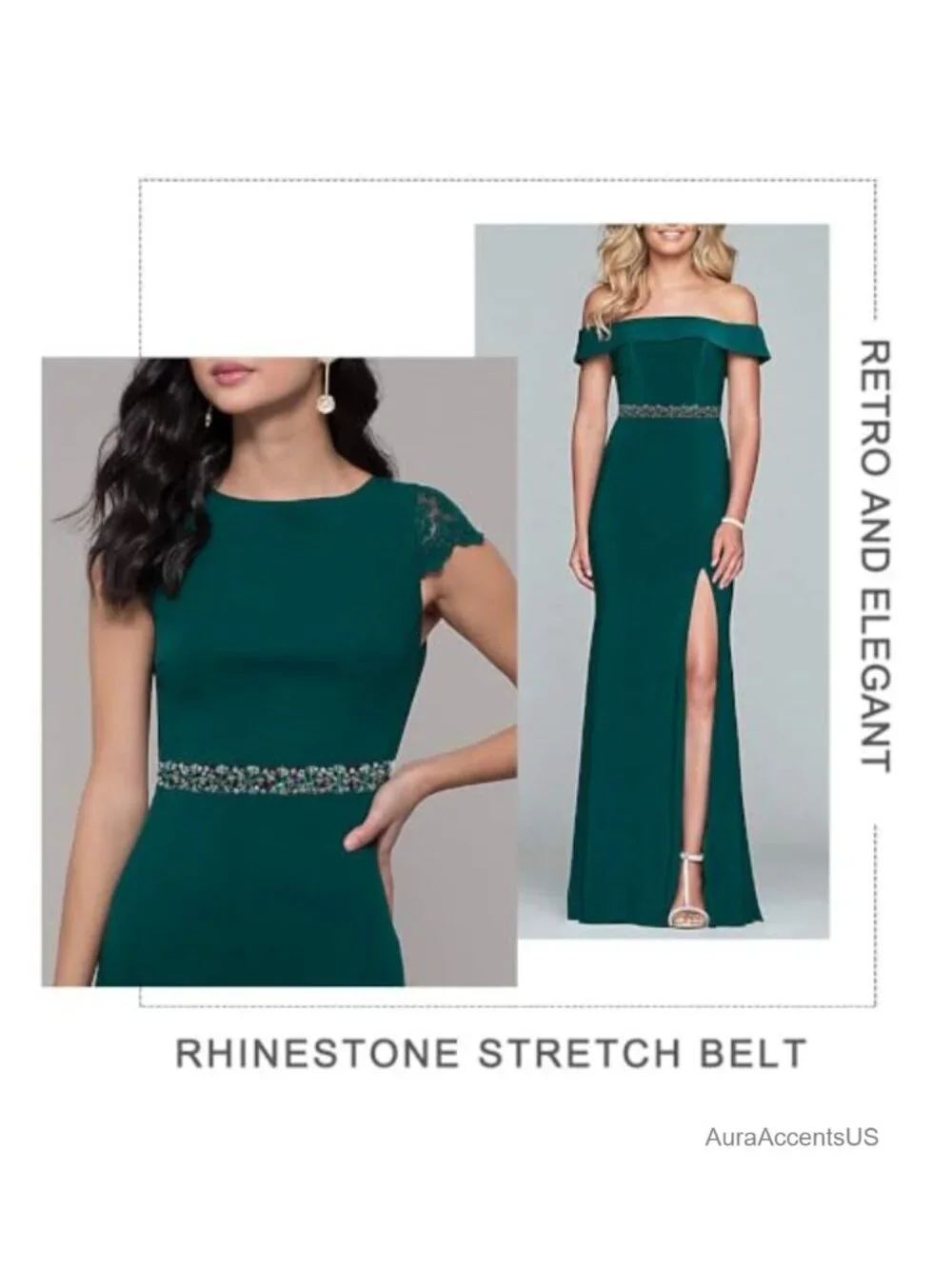 Beaded Rhinestone Stretchy Elastic Adjustable Waist Belt for Dresses